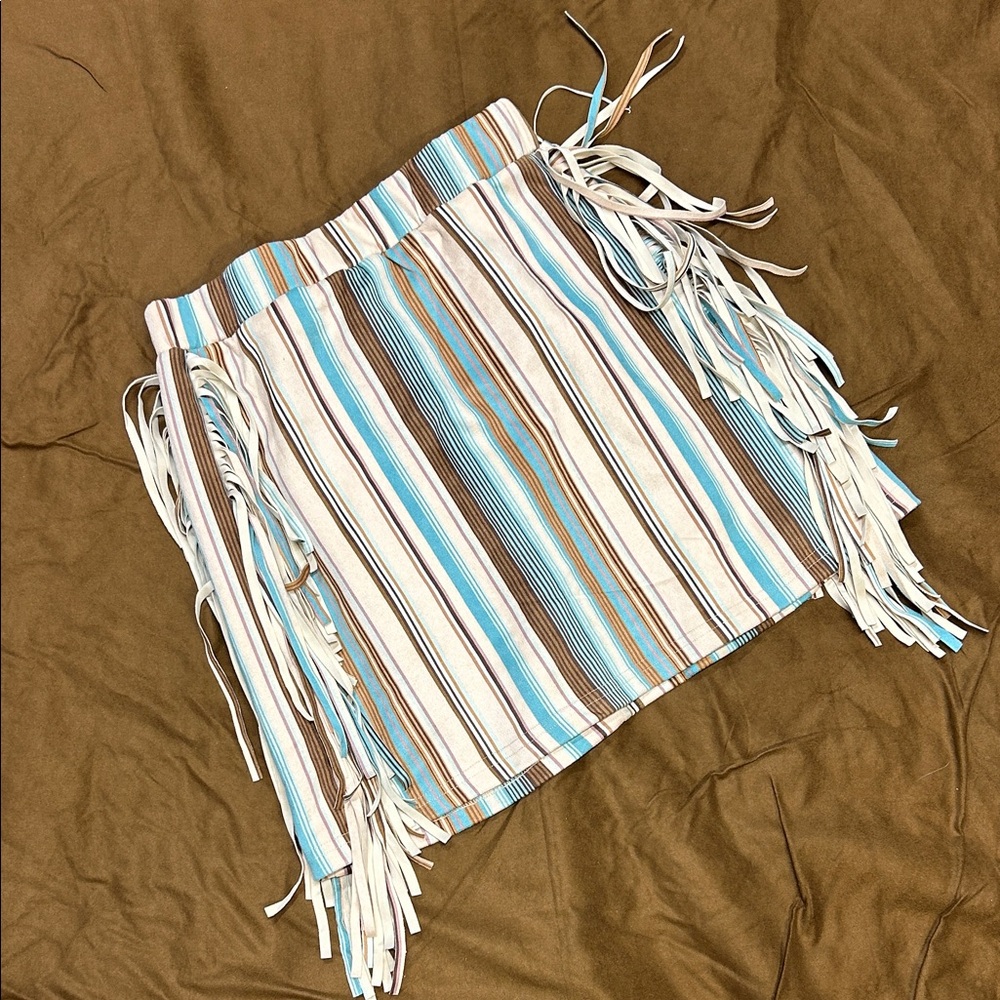 NWT Boutique, Emma & Grace Striped Fringe Skirt - Blue and Brown, Size Small, S